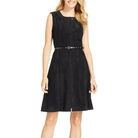 NWT Calvin Klein Modern Black Faux Suede Lux Feel Belt Gold Eyelets Dress Size 8 - Picture 1 of 14